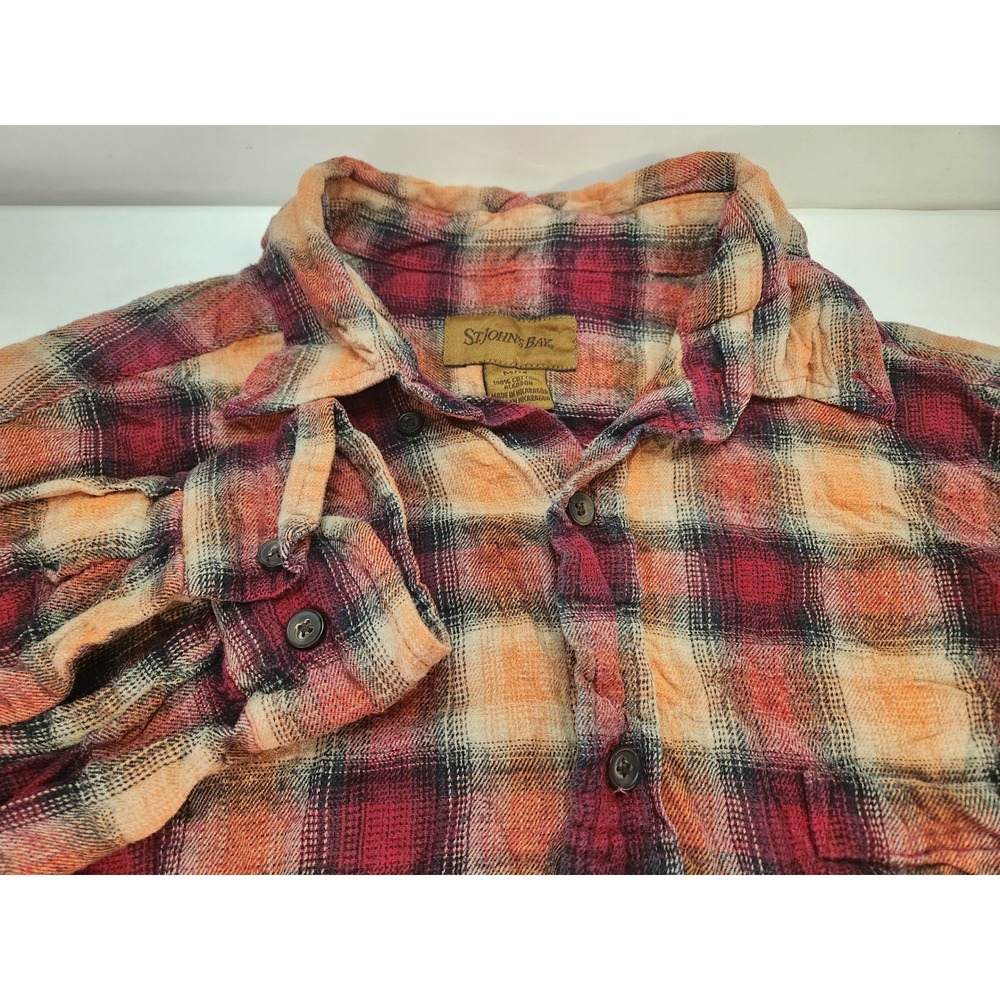 St Johns Bay Mens Plaid Flannel Long Sleeve Button Up Shirt Red Orange Medium